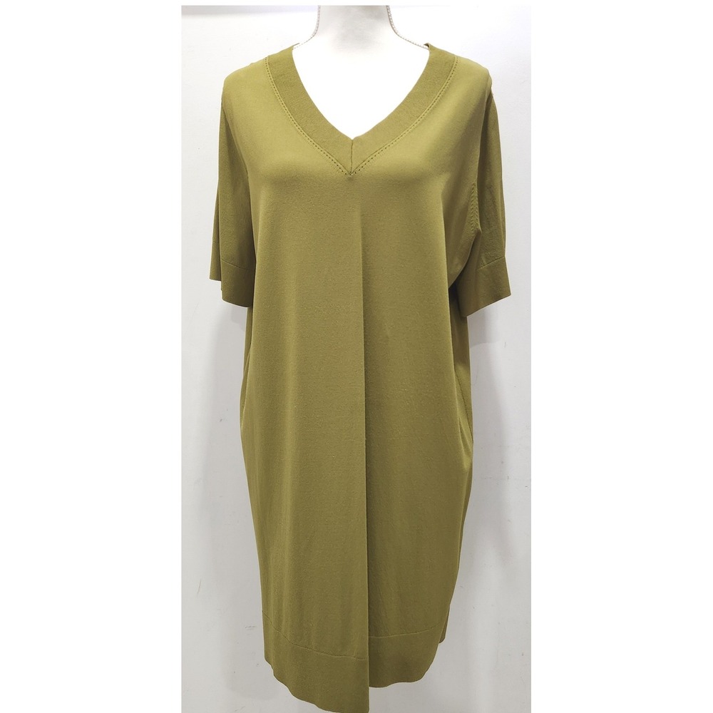 COS Olive Green V-Neck Short Sleeve Knit Sweater Dress Viscose Blend Size Medium